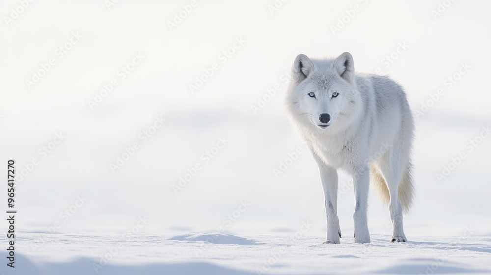 Naklejka premium Arctic Wolf Standing in Snow with Blue Eyes