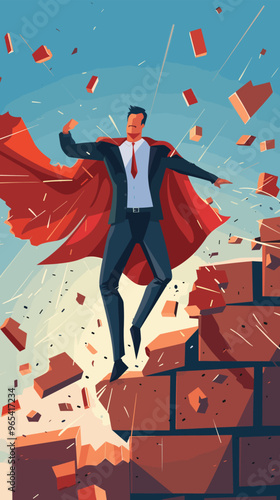 Businessman Superhero Smashing Through Brick Wall Barrier to Success photo