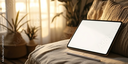 Tablet and stylus on a bed with pillows. photo