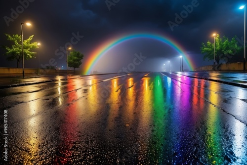 Rainbow glowing over city lights at night with bright sky and clouds in the background photo