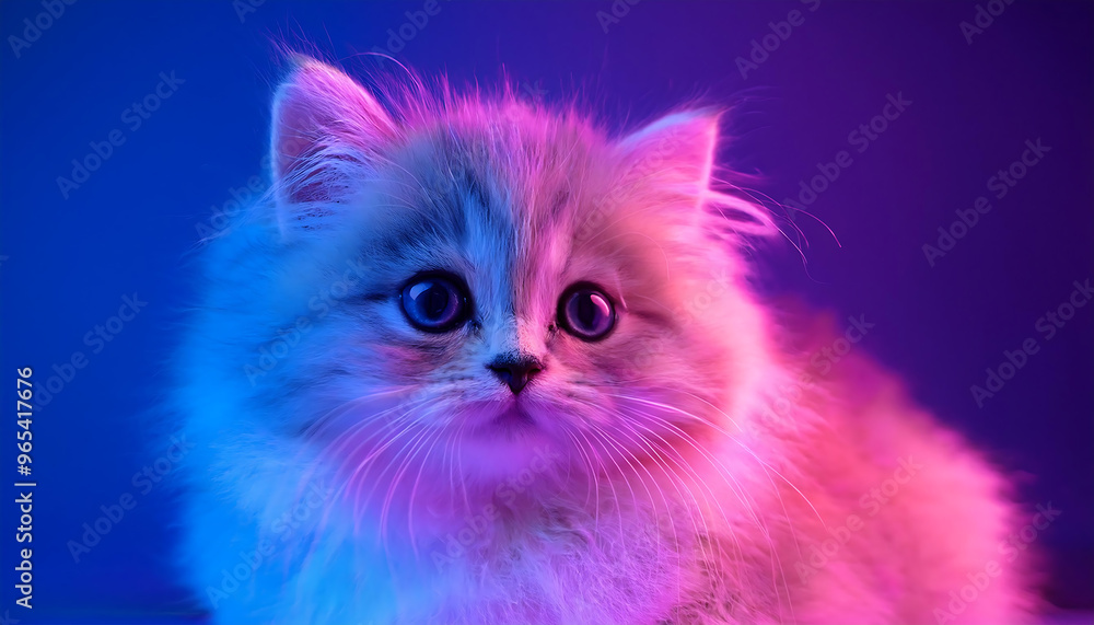 Fototapeta premium adorable persian kitten in neon light studio