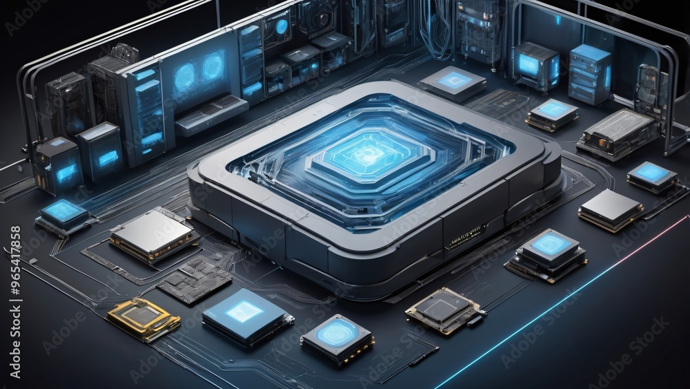 Futuristic Technology Concept with Circuit Boards and Processors Futuristic Technology Concept with Circuit Boards and Processors