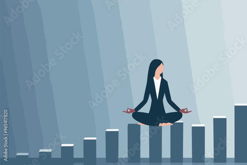 Businesswoman Meditating on Domino to Manage Stress and Prevent Economic Collapse