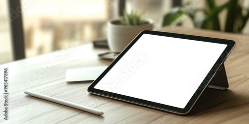 Tablet, stylus, white screen, wooden desk, blurred background.