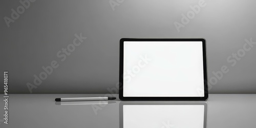 Black tablet and stylus on grey surface.