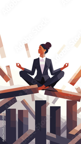 Businesswoman Meditating on Domino to Manage Stress and Prevent Economic Collapse