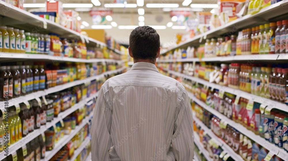 149. Shopper examining food labels in a supermarket, with shelves stocked with various products in the background 149. Shopper examining food labels in a supermarket, with shelves stocked with various products in the background