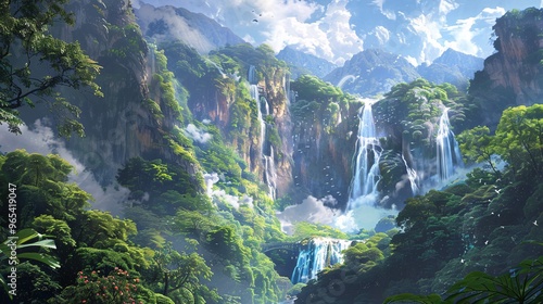 Fototapeta Naklejka Na Ścianę i Meble -  155. Panoramic view of a waterfall in the heart of Sun Link Sea mountain, framed by towering trees and rich green vegetation