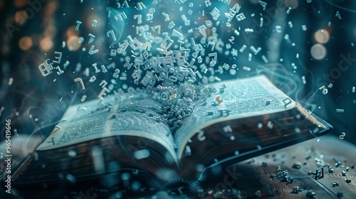 162. Close-up of an open book with letters appearing to float and scatter across the pages, representing dyslexia photo