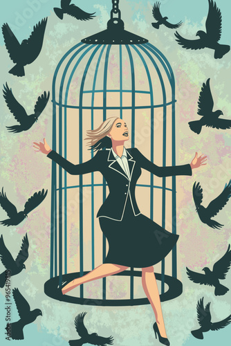 Confident businesswoman breaking free from birdcage, resembling superhero with innovative ideas and visionary business strategy