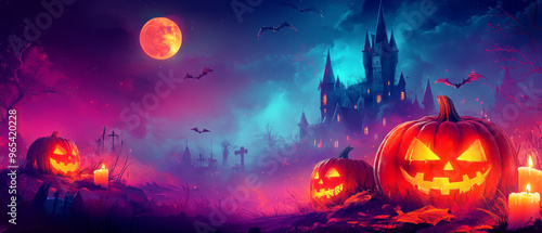 A haunted landscape adorned with glowing jack-o'-lanterns, a creepy graveyard, bats in the sky, and a mysterious castle glowing in the moonlight, perfect for Halloween festivities