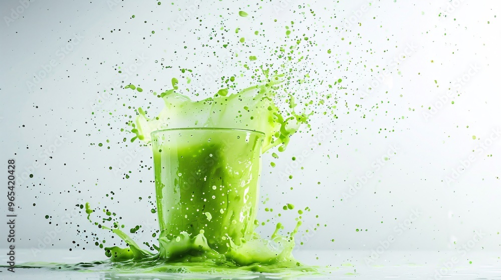 2. A dynamic green smoothie explosion with droplets scattering in all directions on a white surface, symbolizing freshness and vitality. 2. A dynamic green smoothie explosion with droplets scattering in all directions on a white surface, symbolizing freshness and vitality.