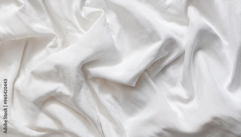 White fabric texture background, wavy cloth. Crease bedclothes fragment as background, Crumpled sheet of Morning bed. White bed linen as minimalistic backdrop. Top view aesthetic surface, horizontal White fabric texture background, wavy cloth. Crease bedclothes fragment as background, Crumpled sheet of Morning bed. White bed linen as minimalistic backdrop. Top view aesthetic surface, horizontal