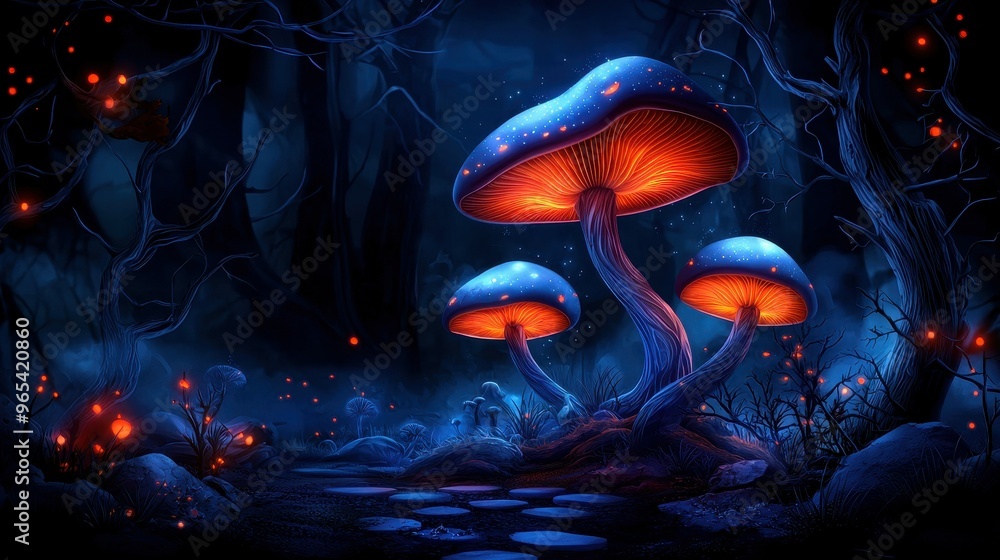 Obraz premium Glowing blue mushrooms in a mystical dark forest at night.