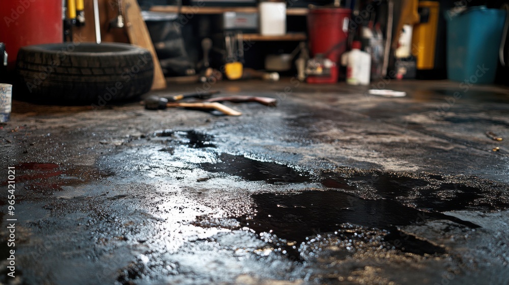 Messy Garage with Oil Stains, Grease Marks, Tools, and Tires: Cluttered Workshop Space Messy Garage with Oil Stains, Grease Marks, Tools, and Tires: Cluttered Workshop Space
