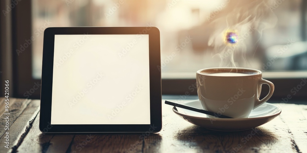 A tablet, coffee cup, and a wooden table. A tablet, coffee cup, and a wooden table.