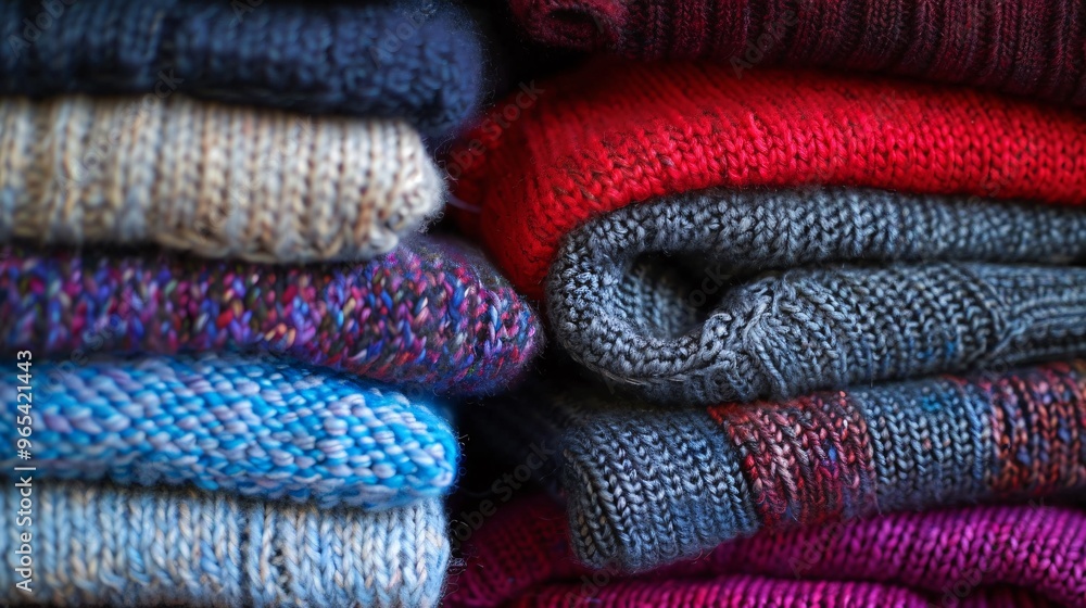 17. Close-up of folded knitted sweaters in a range of textures and hues, stacked in an orderly fashion. 17. Close-up of folded knitted sweaters in a range of textures and hues, stacked in an orderly fashion.
