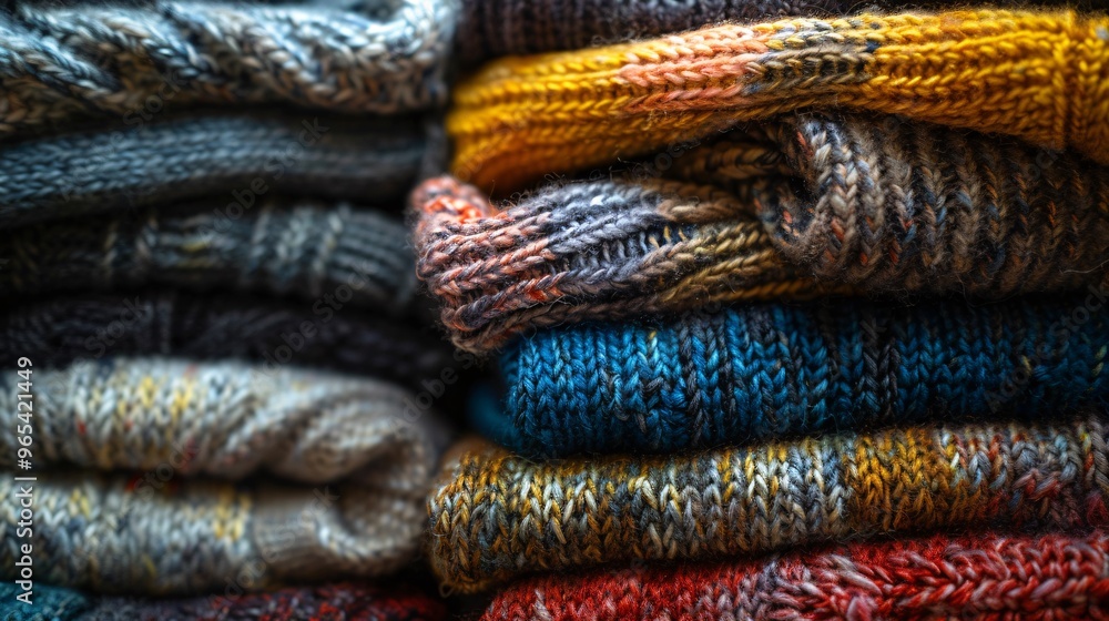 17. Close-up of folded knitted sweaters in a range of textures and hues, stacked in an orderly fashion. 17. Close-up of folded knitted sweaters in a range of textures and hues, stacked in an orderly fashion.