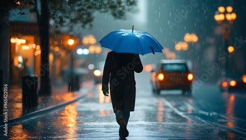 Solitary stroll under a blue umbrella in the rain, capturing the essence of melancholy and solitude in a moody atmosphere photo