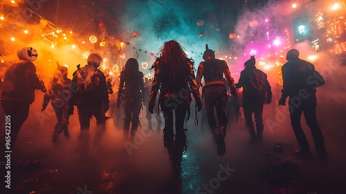 Wallpaper Mural A group of friends at a Halloween party, each dressed in unique costumes from classic monsters to modern characters, vibrant party lights, spooky fog swirling around their feet, Torontodigital.ca