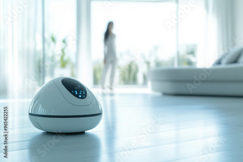 Modern robot vacuum cleaner in a bright living room with a blurred person in the background, symbolizing smart home technology photo