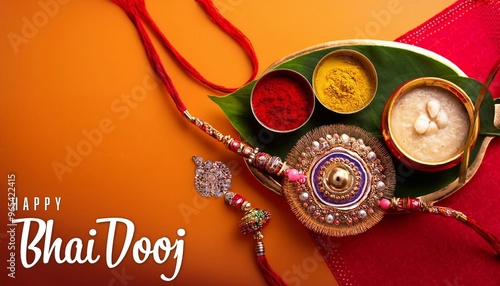 Greeting card with puja thali (tray) and traditional sweets (laddu) for Bhai Dooj Poster Design photo