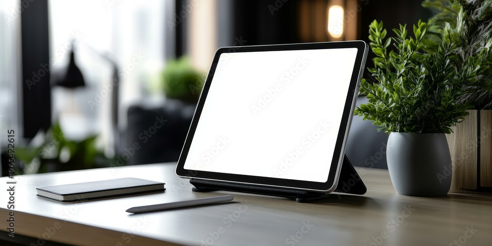 Fototapeta premium A tablet, a pen, and a notebook on a desk.