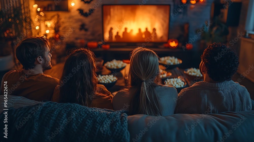 A group of friends sitting on a couch, watching a scary movie marathon, the TV casting a glow on their faces, bowls of popcorn and Halloween snacks scattered around, A group of friends sitting on a couch, watching a scary movie marathon, the TV casting a glow on their faces, bowls of popcorn and Halloween snacks scattered around,