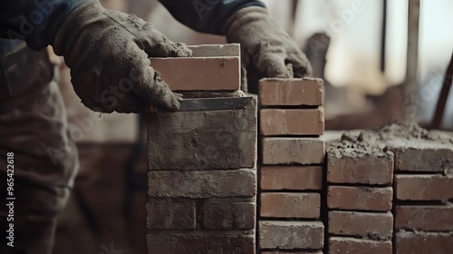 A worker placing bricks in a narrow industrial corner, carefully adjusting each piece with a trowel in one hand and a brick in the other. photo