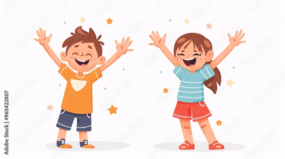 Fototapeta premium 14. Vector illustration of two joyful kids, a boy and a girl, standing with open arms, radiating happiness and friendliness.