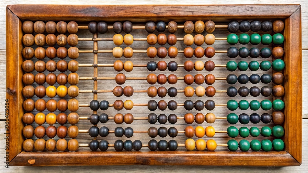 A primitive arithmetic device consists of beads on rods in a frame, enabling calculations by sliding the beads to perform basic math operations. A primitive arithmetic device consists of beads on rods in a frame, enabling calculations by sliding the beads to perform basic math operations.