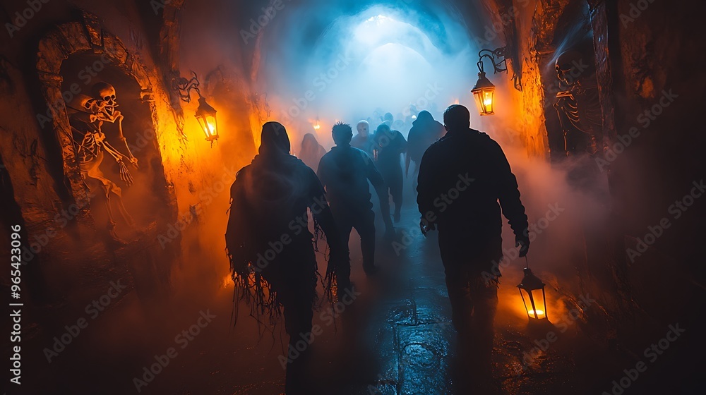 Fototapeta premium A group of people cautiously walking through a dark, foggy haunted maze, eerie lighting casting long shadows, spooky props like skeletons and cobwebs scattered along the maze walls,