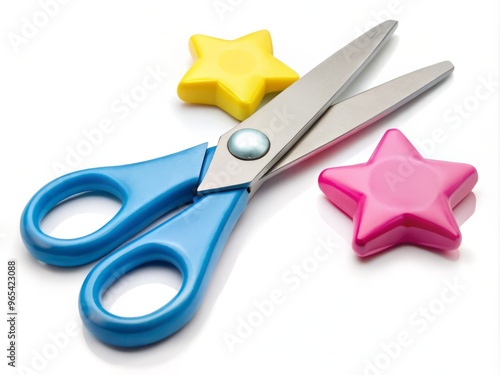 Pink handled scissors feature a silver blade and quirky details like a yellow star-shaped hole punch on one handle, paired with a contrasting blue handle. photo