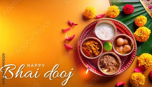 Greeting card with puja thali (tray) and traditional sweets (laddu) for Bhai Dooj Poster Design photo