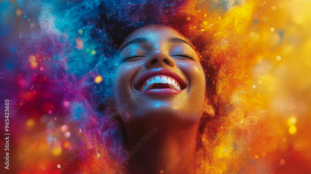 Young woman in a beautiful moment with closed eyes as colorful powder explodes behind her Young woman in a beautiful moment with closed eyes as colorful powder explodes behind her