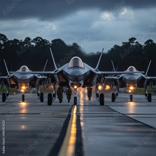 F-35A Lightning IIs assigned to the 158th Fighter Wing, Vermont Air National Guard, line up before takeoff during a training exercise at Tyndall Air Force Base, Florida,