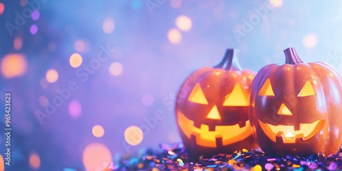 Halloween banner with copy space, glowing jack o lantern pumpkins, orange purple and gold confetti, purple background