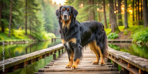 A majestic Hovawart dog with a glossy black coat and distinctive facial markings, proudly standing on a rustic wooden bridge over a serene forest pond. photo