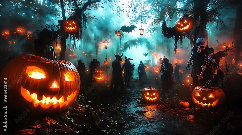Naklejka premium A Halloween scavenger hunt taking place in a haunted forest, participants in creepy costumes looking for hidden items among fog-covered trees, glowing jack-o-lanterns lighting their way,
