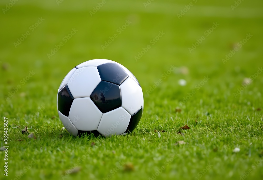 Soccer ball resting on a lush green field Soccer ball resting on a lush green field