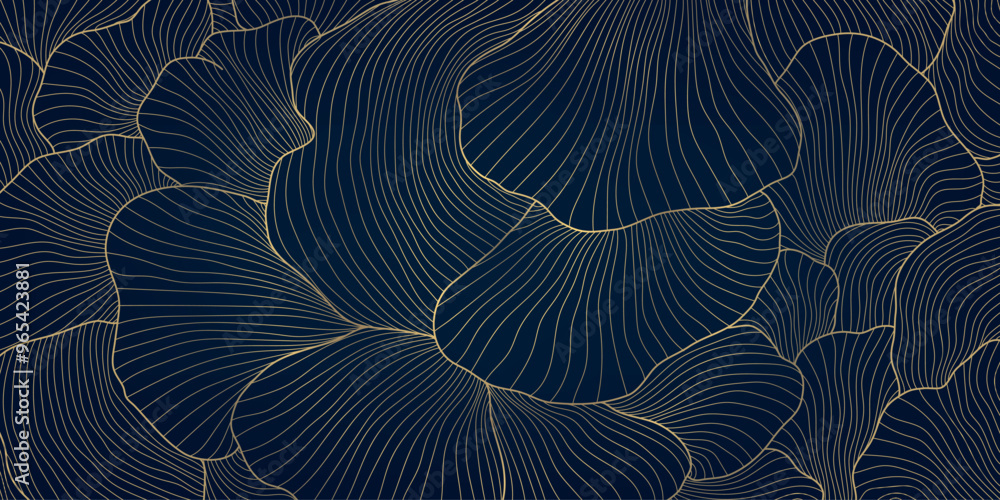 Vector gold on black organic shapes line pattern. Corals, seaweed drawn luxury background, mushrooms curve illustration. Vector gold on black organic shapes line pattern. Corals, seaweed drawn luxury background, mushrooms curve illustration.