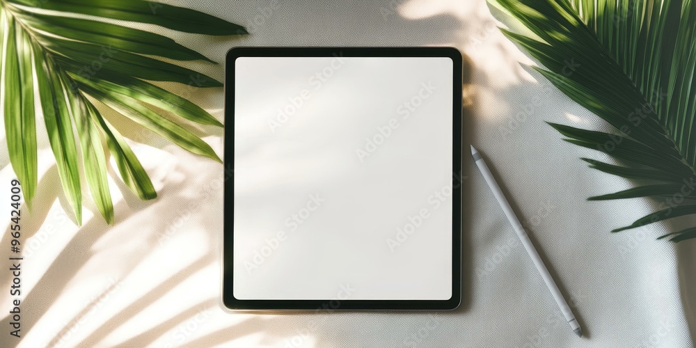 Tablet, stylus, leaves, white background, sunlight. Tablet, stylus, leaves, white background, sunlight.