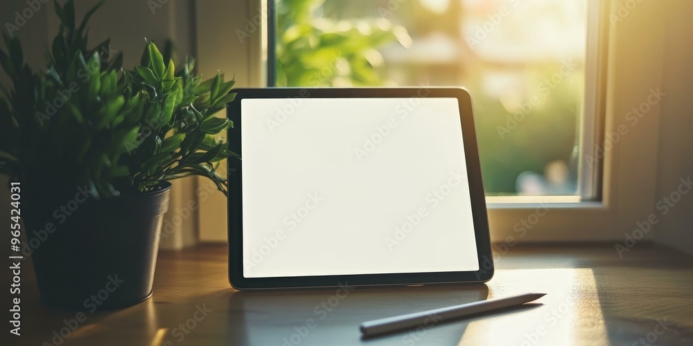Tablet, pen, plant, window, sunlight, desk. Tablet, pen, plant, window, sunlight, desk.