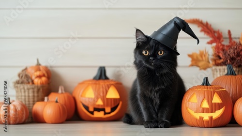 Black cat in a witch s hat, sitting next to glowing jack-o'-lanterns and festive Halloween decorations in a cozy holiday home setting photo