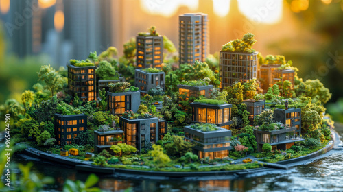 Eco-friendly urban development showcased in a miniature city diorama with green rooftops at sunset