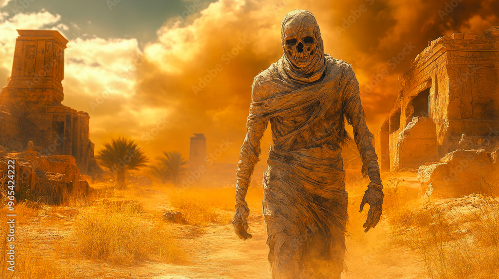 Ancient mummy strolls through a parched desert towards ancient ruins as the sun sets Ancient mummy strolls through a parched desert towards ancient ruins as the sun sets