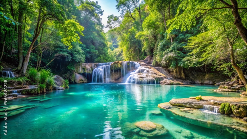 Erawan National Park's turquoise pools surrounded by lush green forests and towering limestone cliffs, a serene and secluded spot in southern Thailand. Erawan National Park's turquoise pools surrounded by lush green forests and towering limestone cliffs, a serene and secluded spot in southern Thailand.