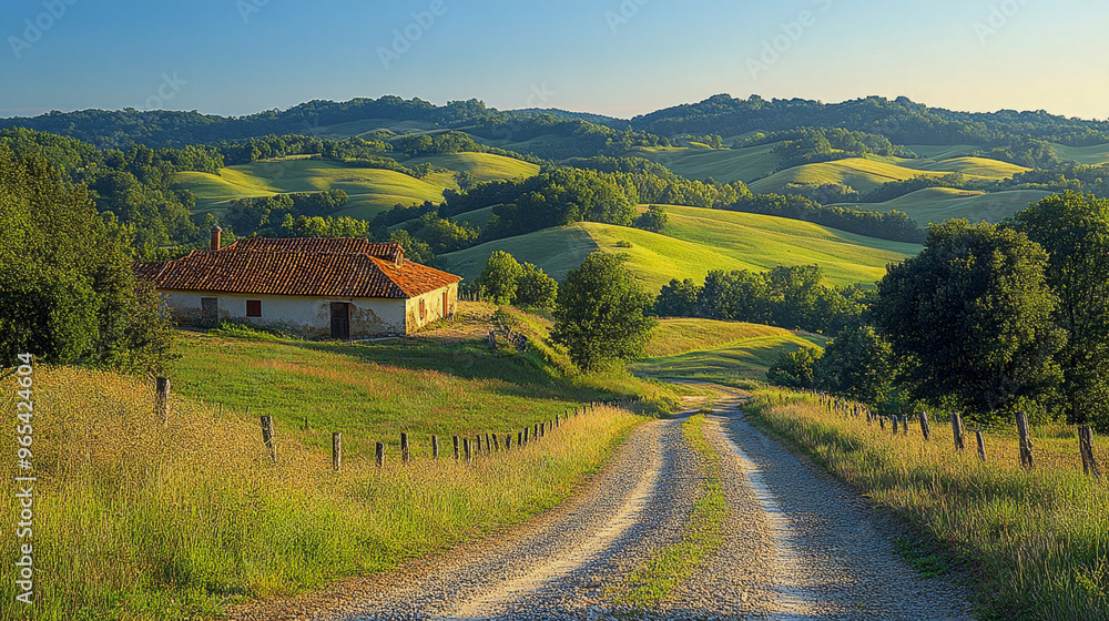 Gravel road leading towards a farmhouse in a beautiful green valley of rolling hills bathed in golden evening light Gravel road leading towards a farmhouse in a beautiful green valley of rolling hills bathed in golden evening light