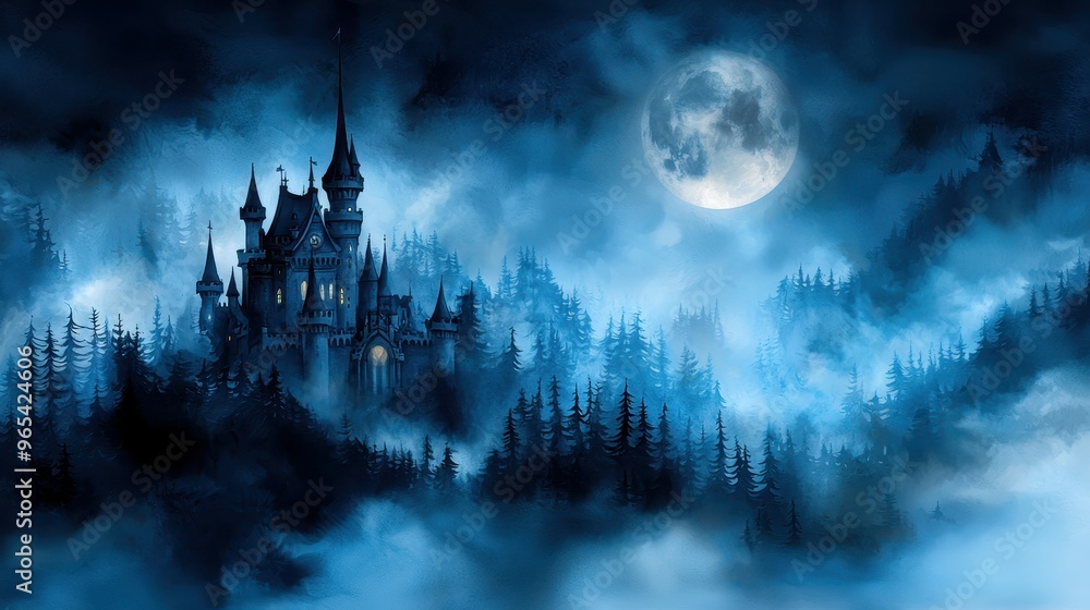 Fototapeta premium A mystical castle shrouded in blue mist under a full moon.