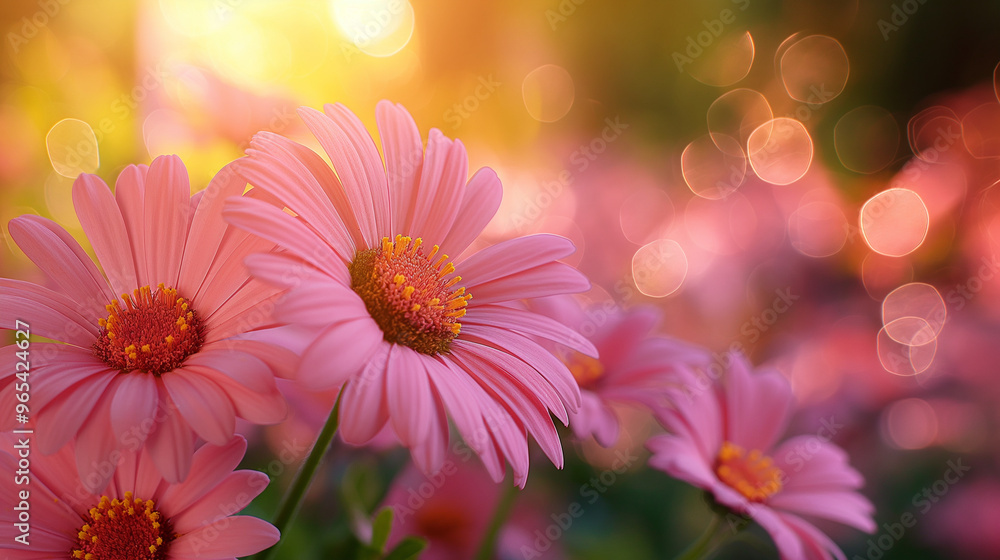 Pink daisies blooming in soft sunlight with bokeh in the background Pink daisies blooming in soft sunlight with bokeh in the background